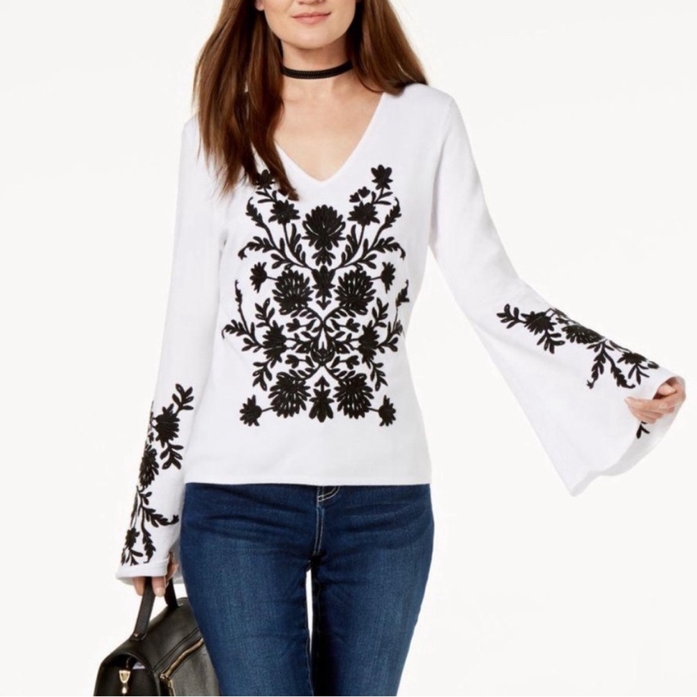 INC Embroidered Floral Bell Sleeve Sweater